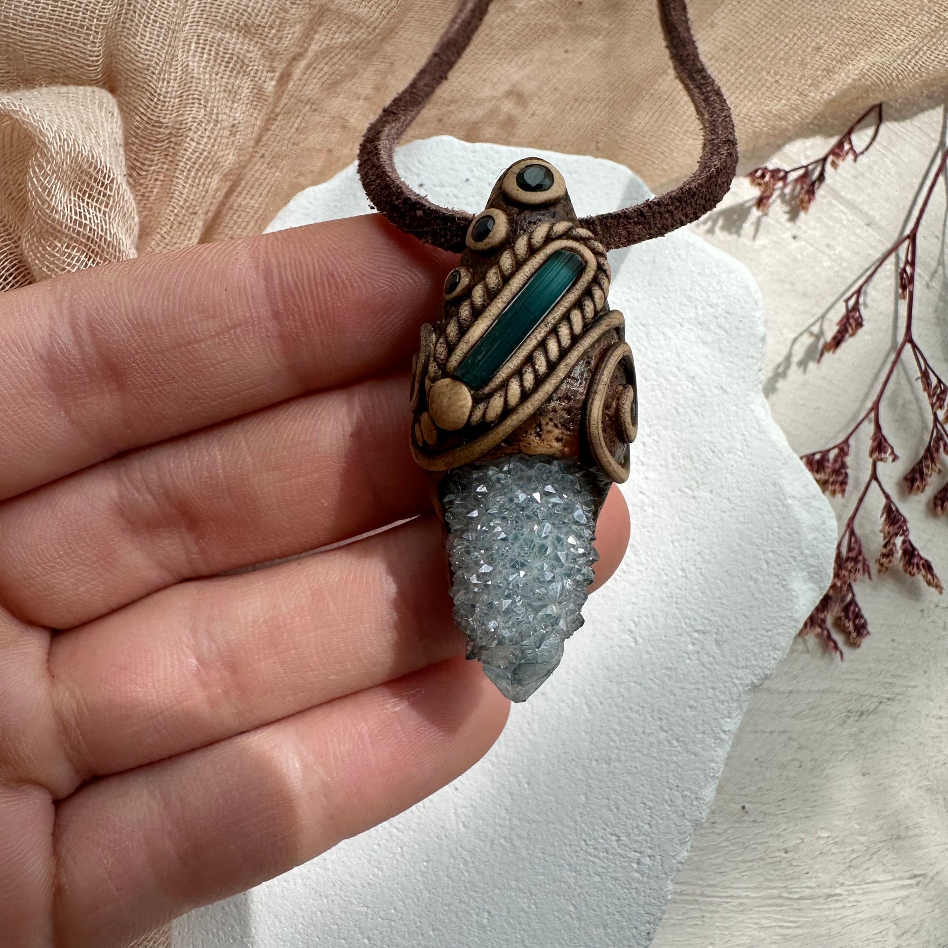 Aqua Aura Spirit Quartz Blue Tourmaline and Blue Sapphire Pendant