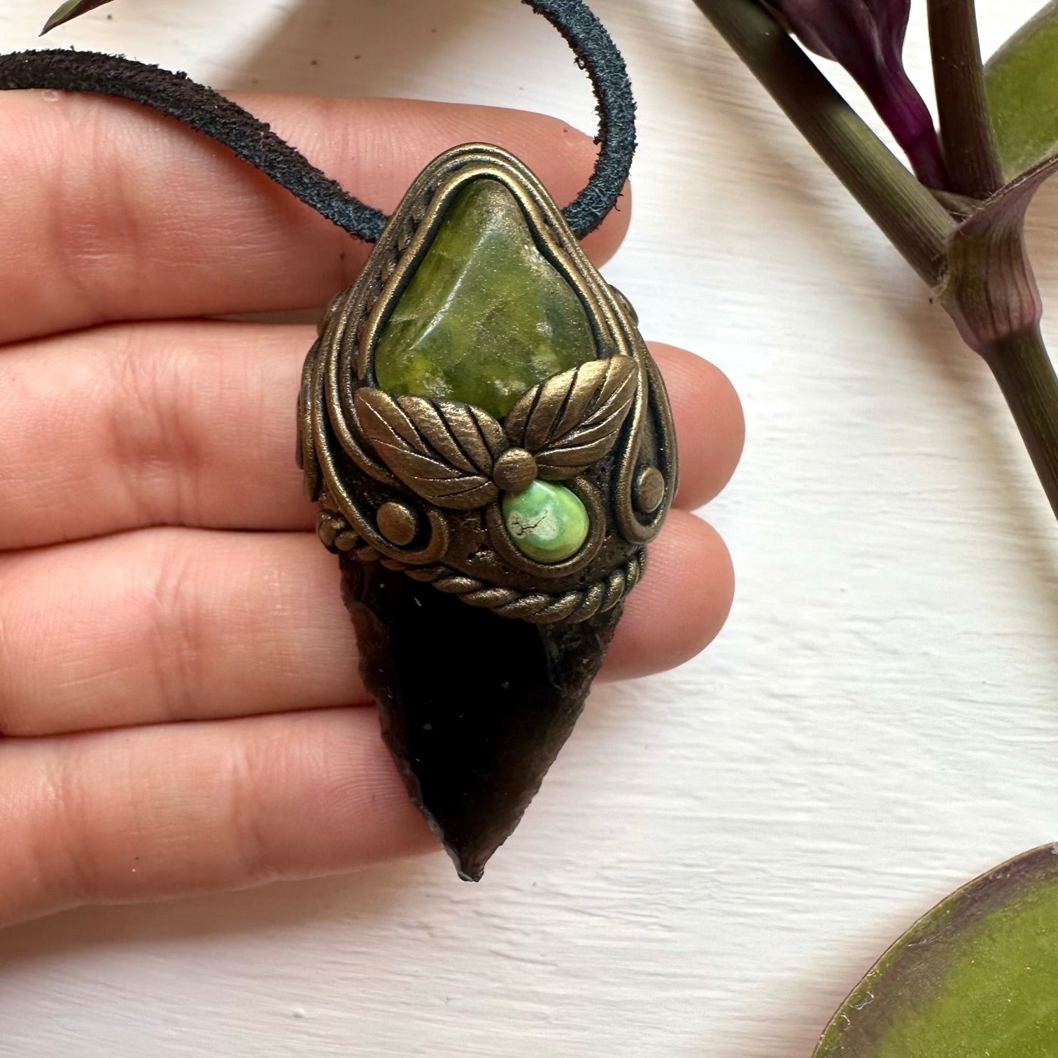 Black Obsidian Arrowhead Vesuvianite and Tibetan Turquoise Pendant - FairyGardenGlow
