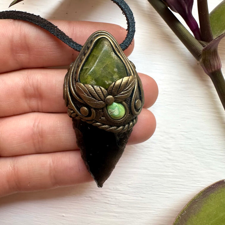 Black Obsidian Arrowhead Vesuvianite and Tibetan Turquoise Pendant - FairyGardenGlow