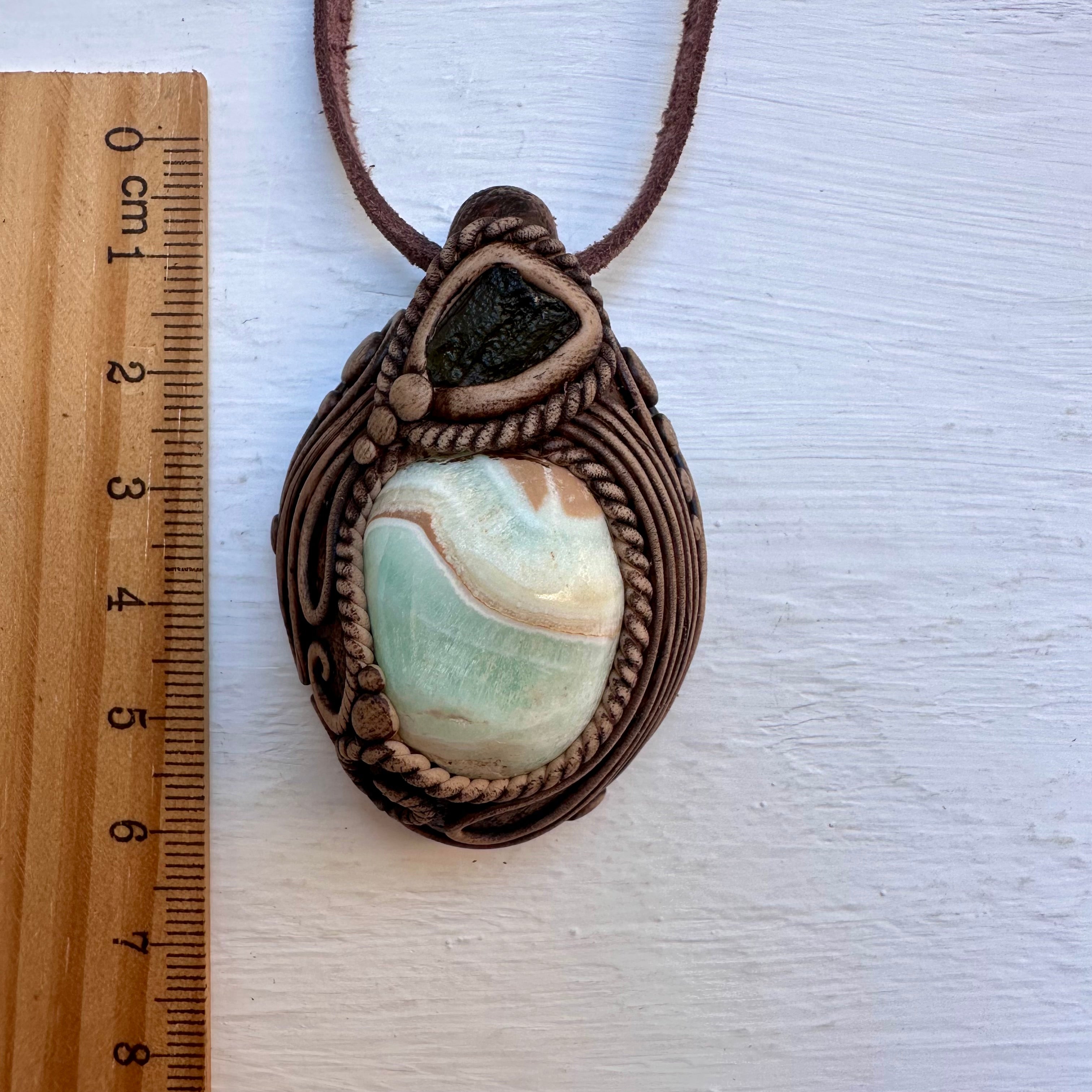 Caribbean Calcite and Moldavite Necklace - FairyGardenGlow
