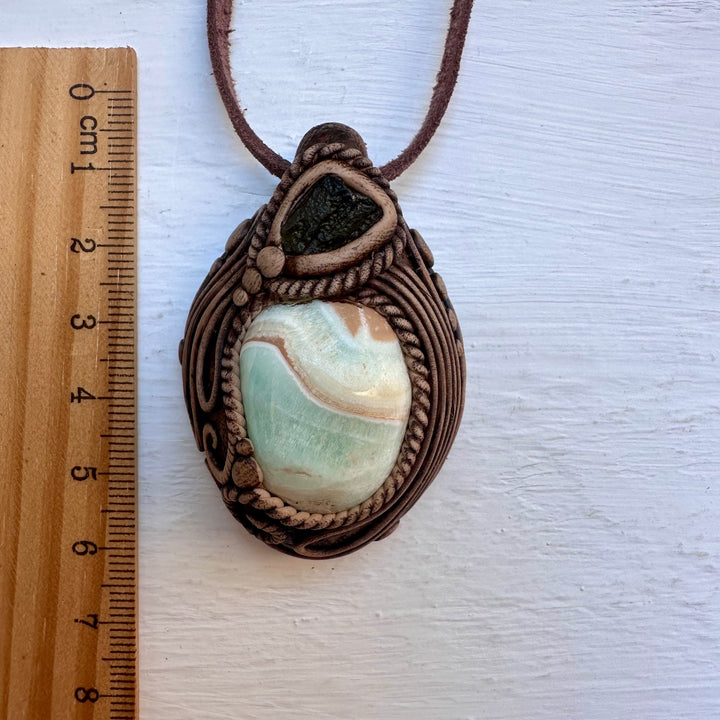 Caribbean Calcite and Moldavite Necklace - FairyGardenGlow