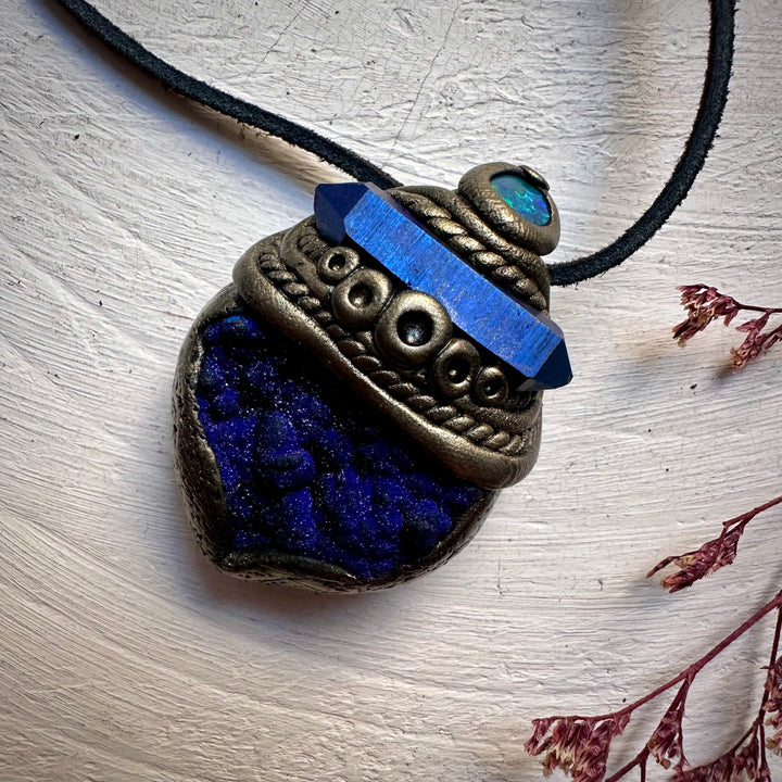 Azurite with Cobalt Aura Quartz and Black Australian Opal Pendant Necklace - FairyGardenGlow
