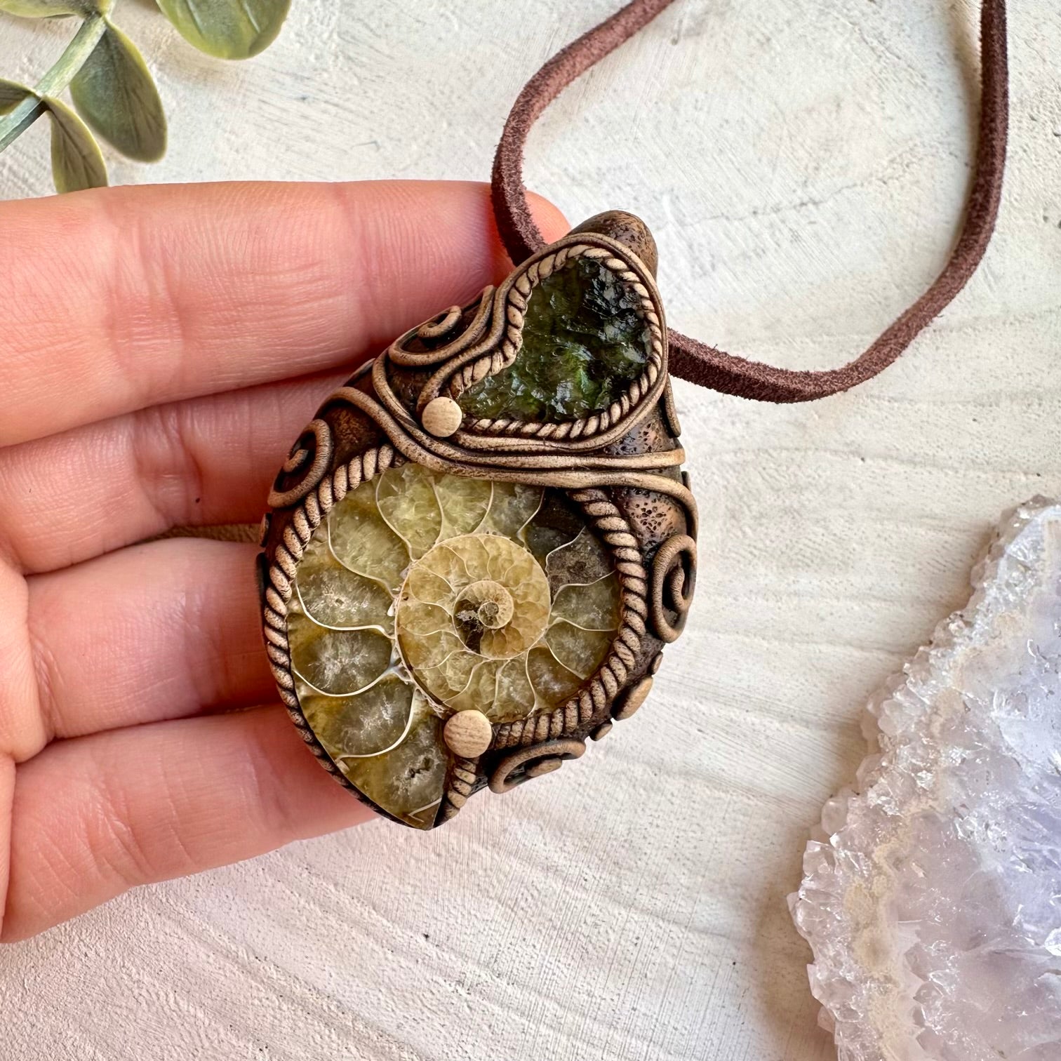 Ammonite Fossil and Raw Moldavite Pendant, Handmade Unisex Necklace
