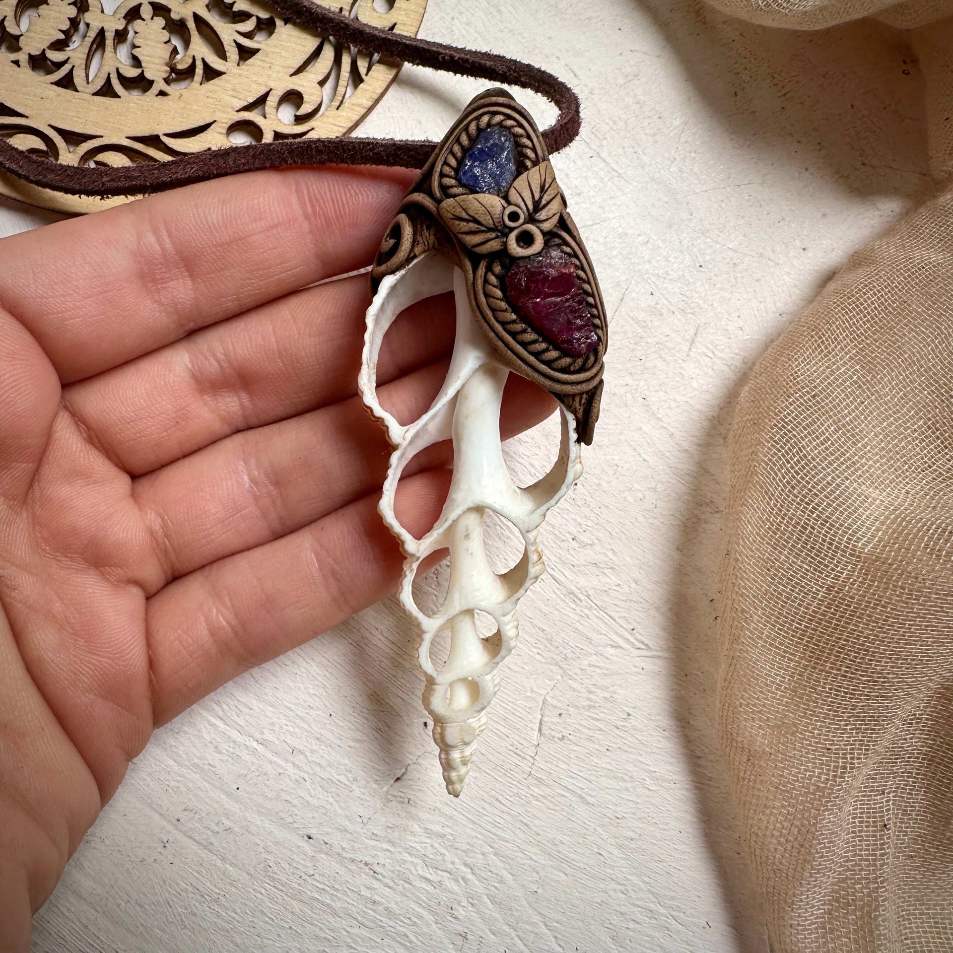 Seashell Rhodolite Garnet and Tanzanite Necklace - FairyGardenGlow