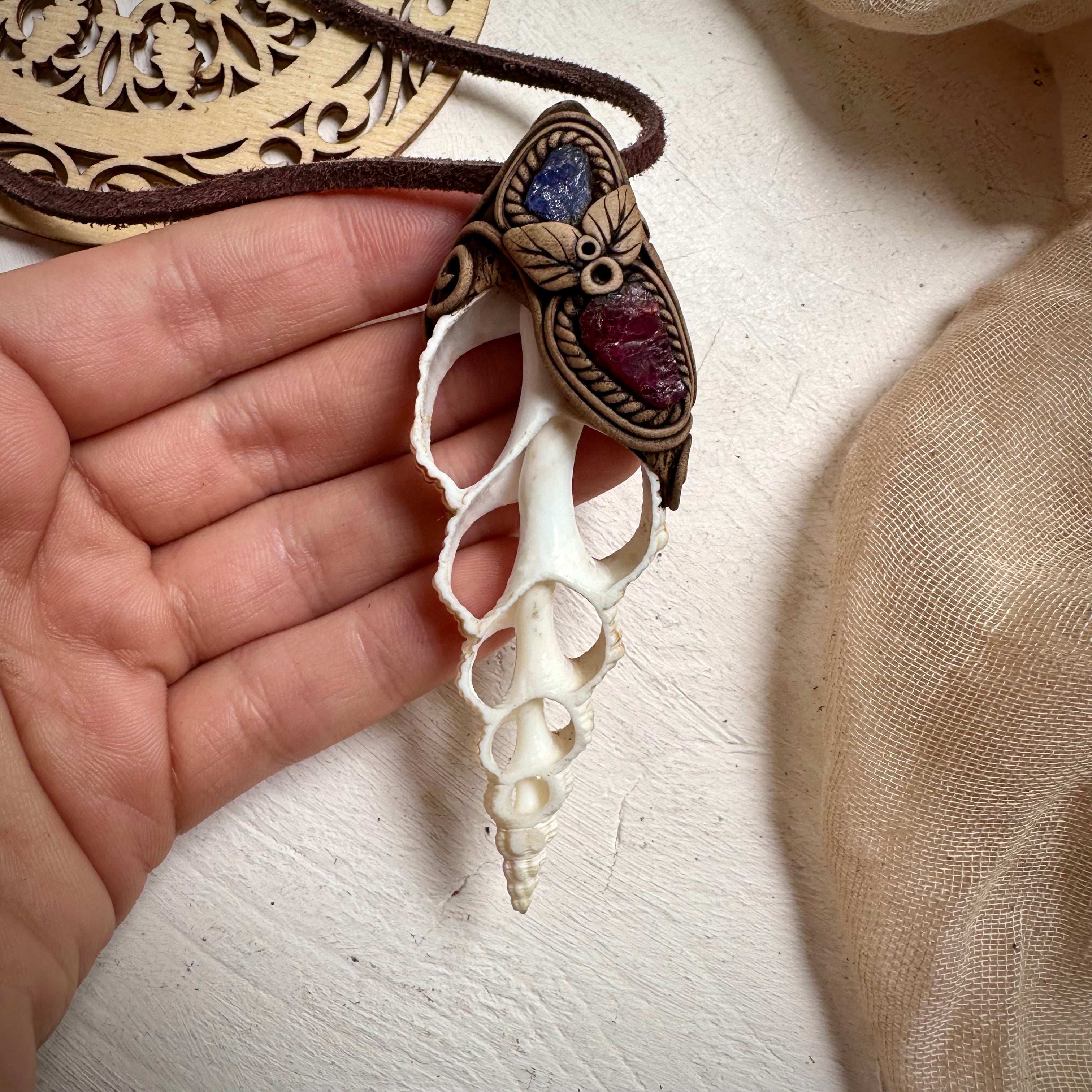 Seashell Rhodolite Garnet and Tanzanite Necklace - FairyGardenGlow