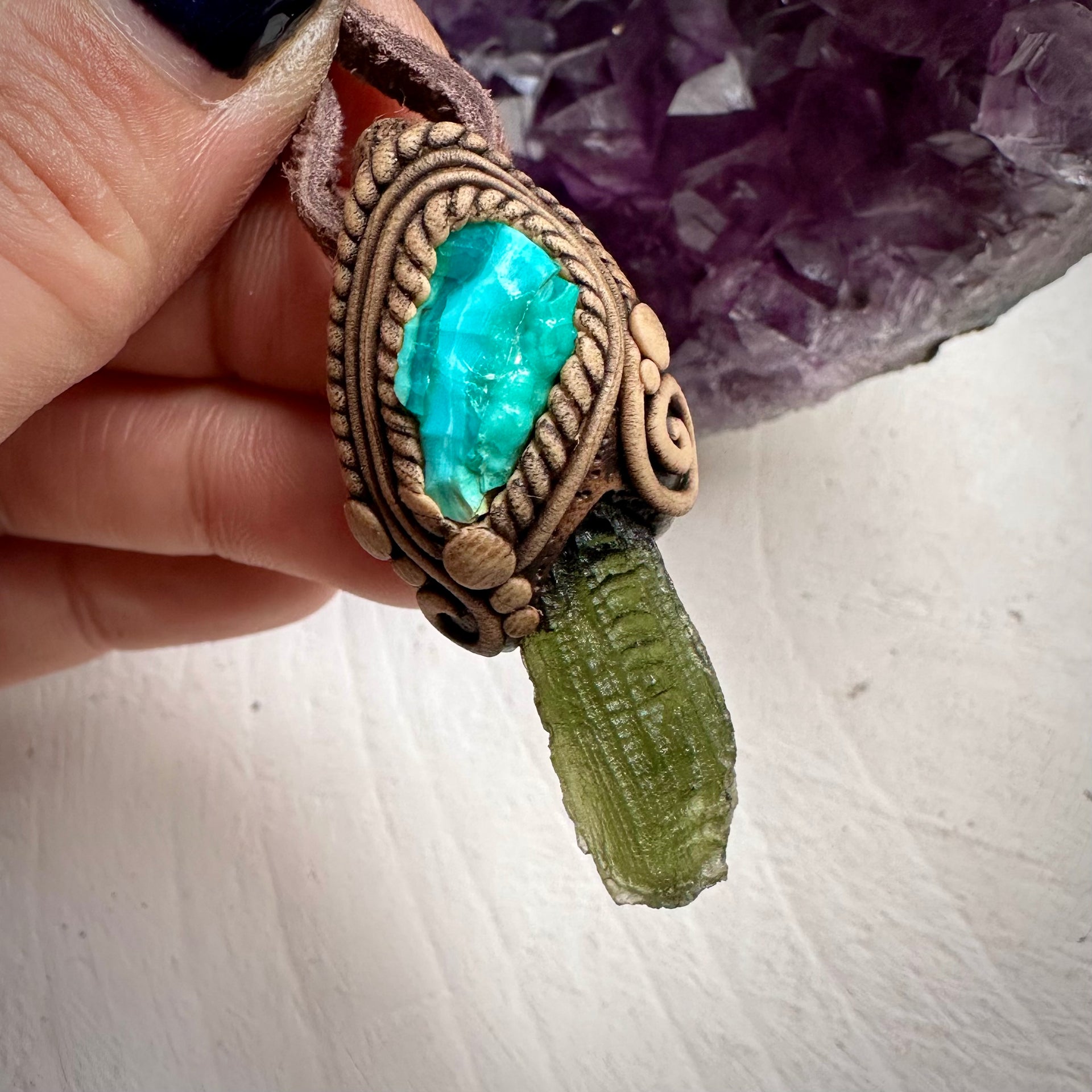 Moldavite and Raw Chrysocolla Necklace - FairyGardenGlow
