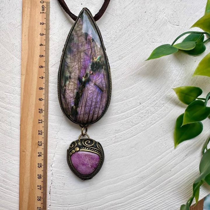Large Labradorite and Stichtite Pendant Necklace, Statement Gemstone Jewelry FairyGardenGlow