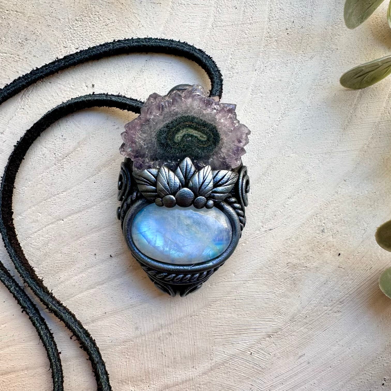 Rainbow Moonstone and Amethyst Stalactite Necklace