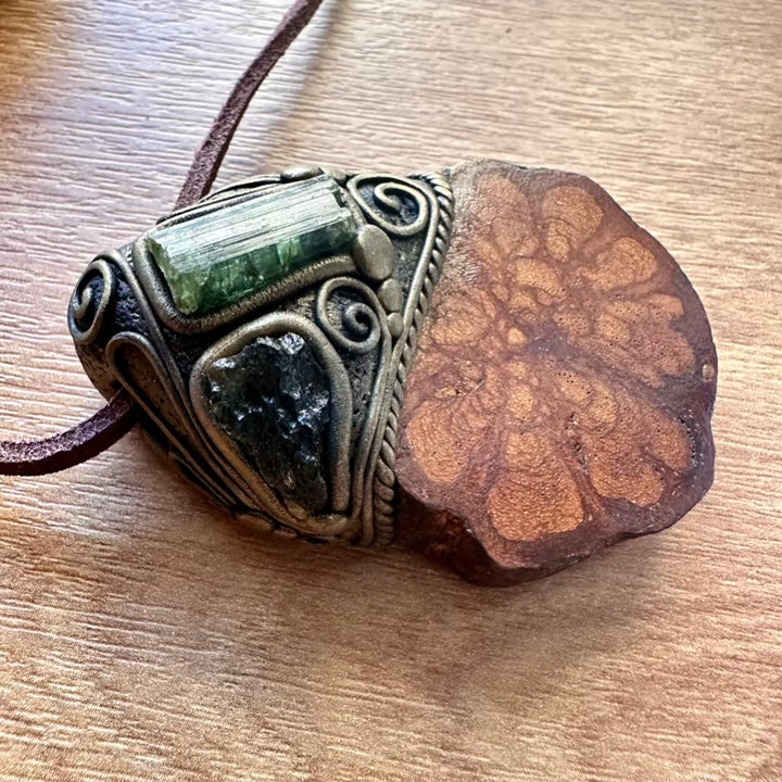 Ayahuasca Necklace, Green Tourmaline and Moldavite Pendant Necklace - FairyGardenGlow