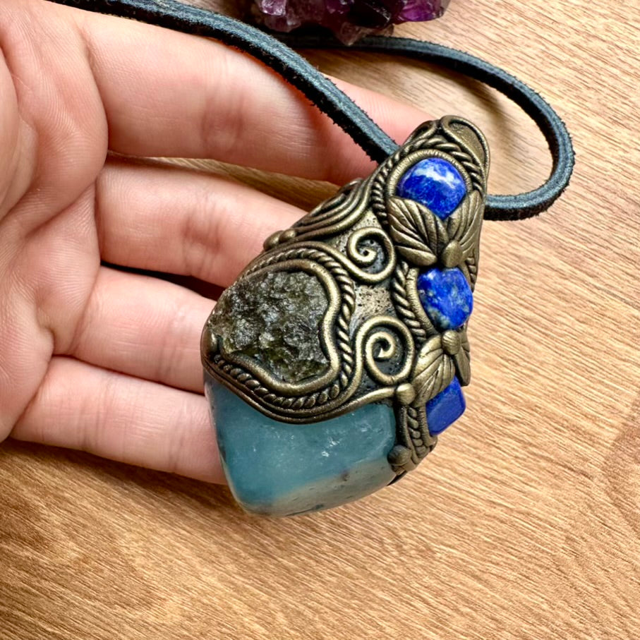 Aquamarine including Black Tourmaline Moldavite and Lapis Lazuli Crystal Pendant Necklace / Healing Crystal Talisman - FairyGardenGlow