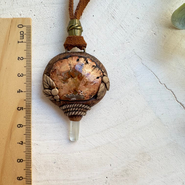 Grounding crystal necklace with petrified wood and aquamarine