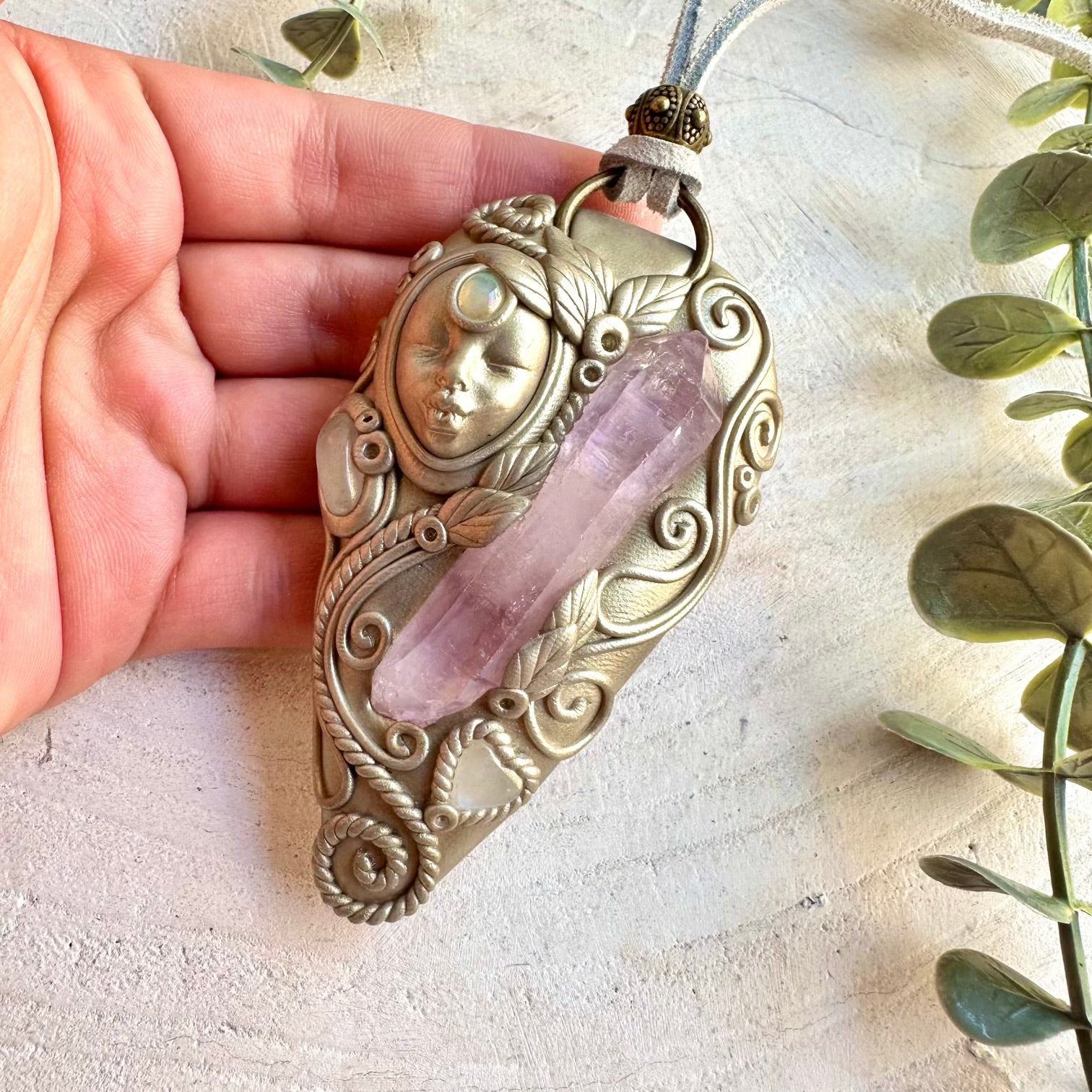 Unique Goddess necklace featuring a natural Vera Cruz Amethyst with luminous Moonstone and Ethiopian Opal.