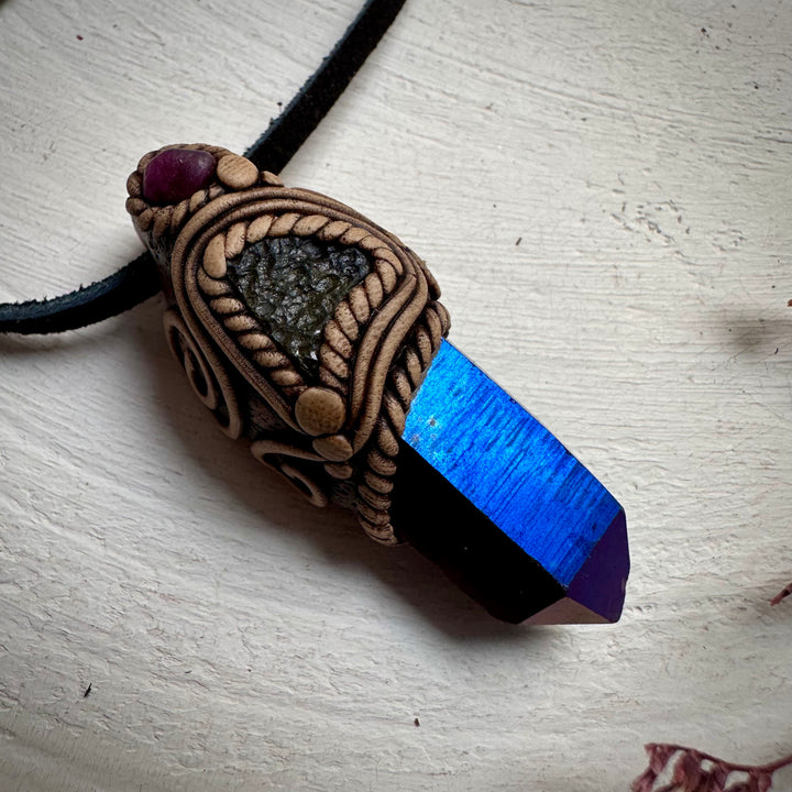 Cobalt Aura Quartz Moldavite and Ruby Pendant Necklace - FairyGardenGlow