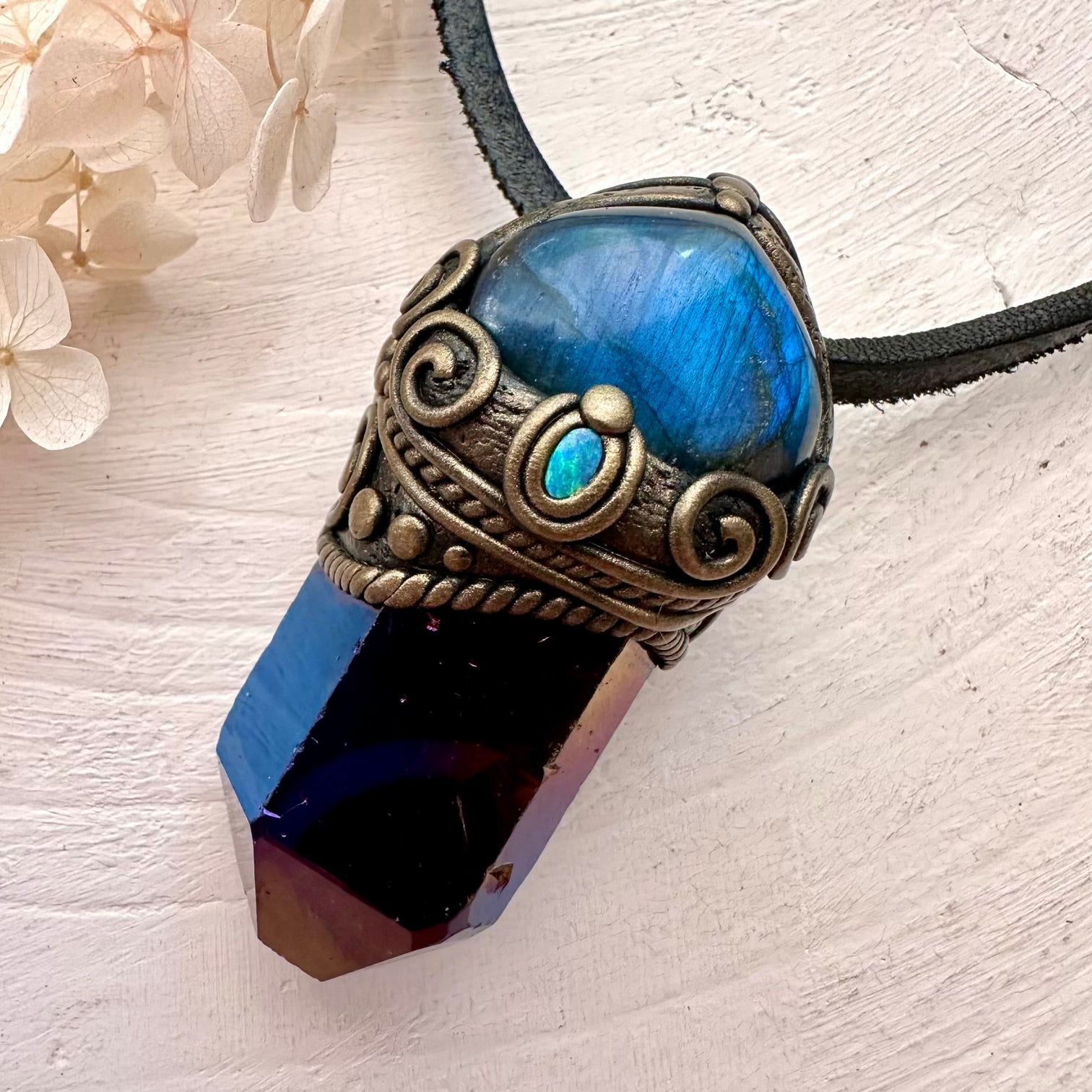 Cobalt Aura Quartz Labradorite and Australian Opal Doublet Pendant Necklace - FairyGardenGlow