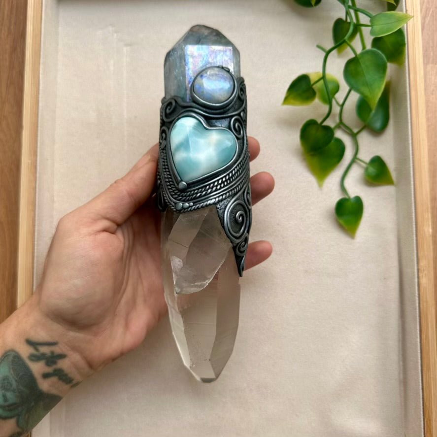 Large Healing Crystal Wand with Lemurian Seed Quartz, Aqua Aura Quartz, Larimar Heart and Rainbow Moonstone FairyGardenGlow