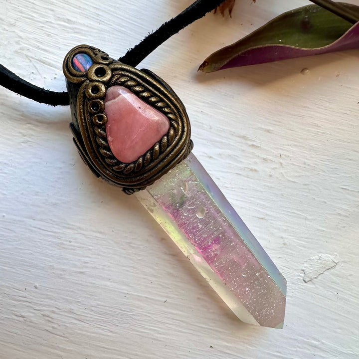 Angel Aura Quartz Rhodochrosite and Australian Opal Necklace - FairyGardenGlow