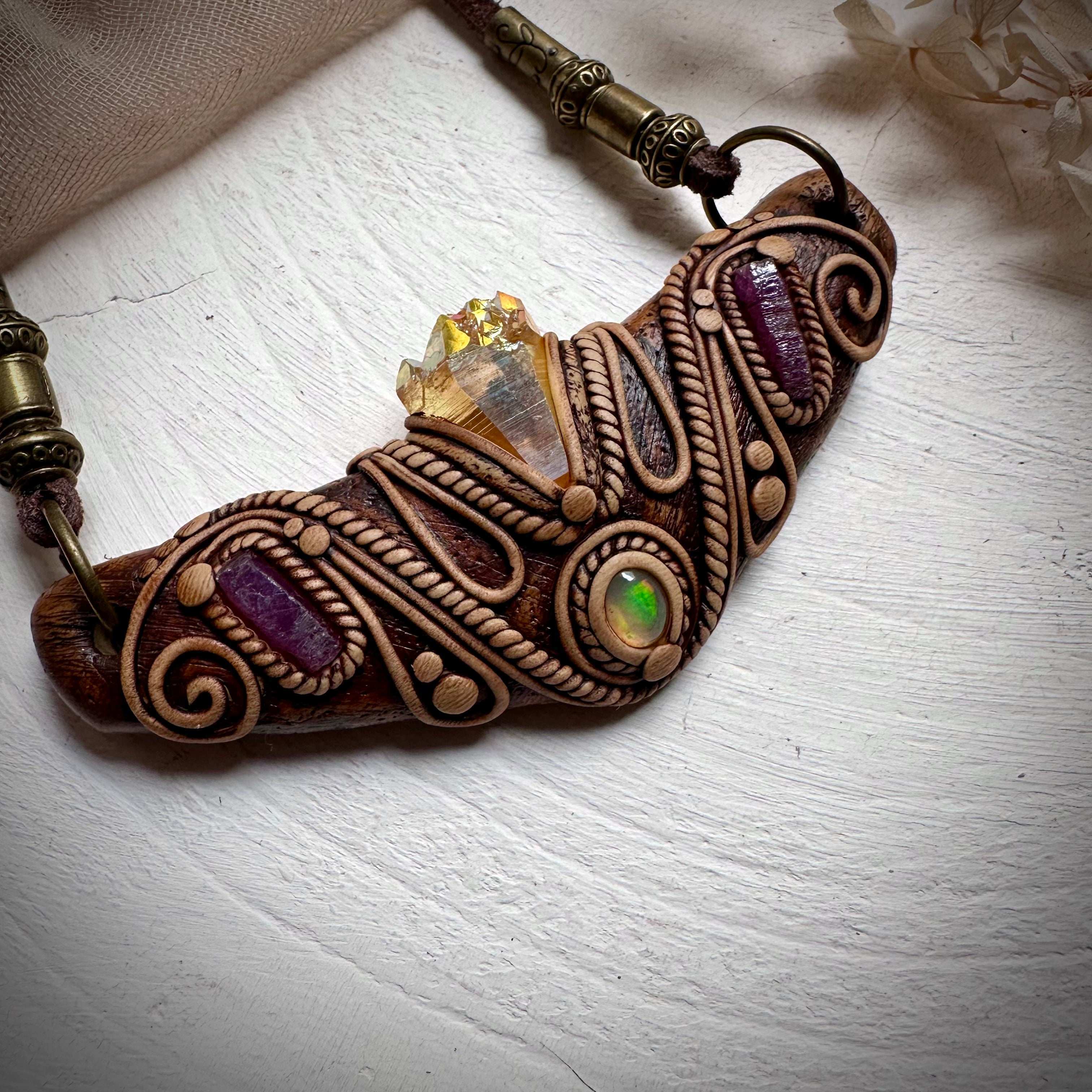 Sunset Aura Quartz Ethiopian Opal and Ruby Statement Necklace - FairyGardenGlow