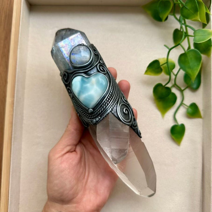 Large Healing Crystal Wand with Lemurian Seed Quartz, Aqua Aura Quartz, Larimar Heart and Rainbow Moonstone FairyGardenGlow