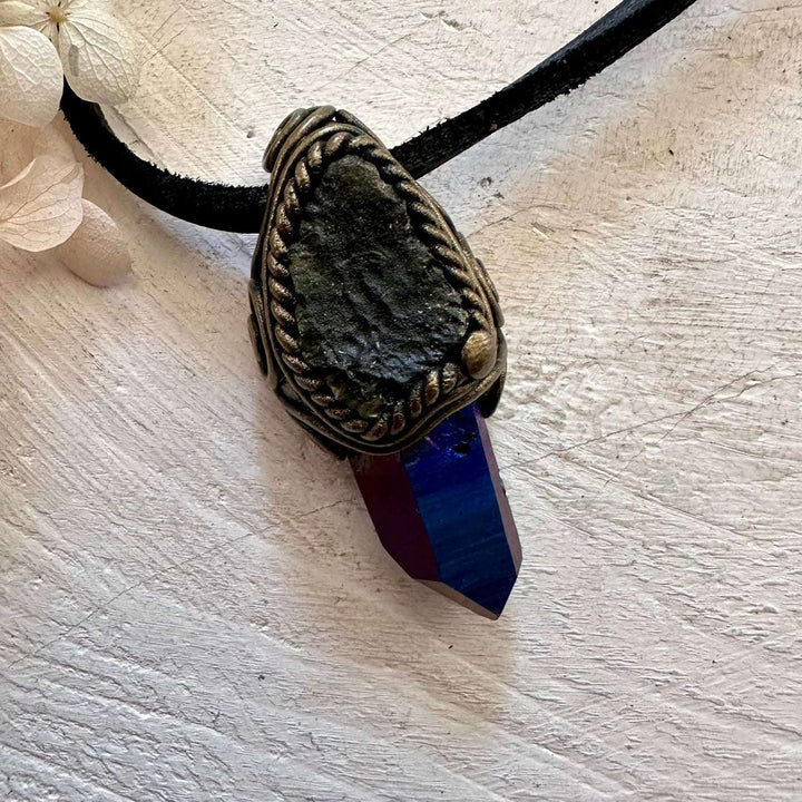 Raw Moldavite and Cobalt Aura Quartz Pendant Necklace - FairyGardenGlow