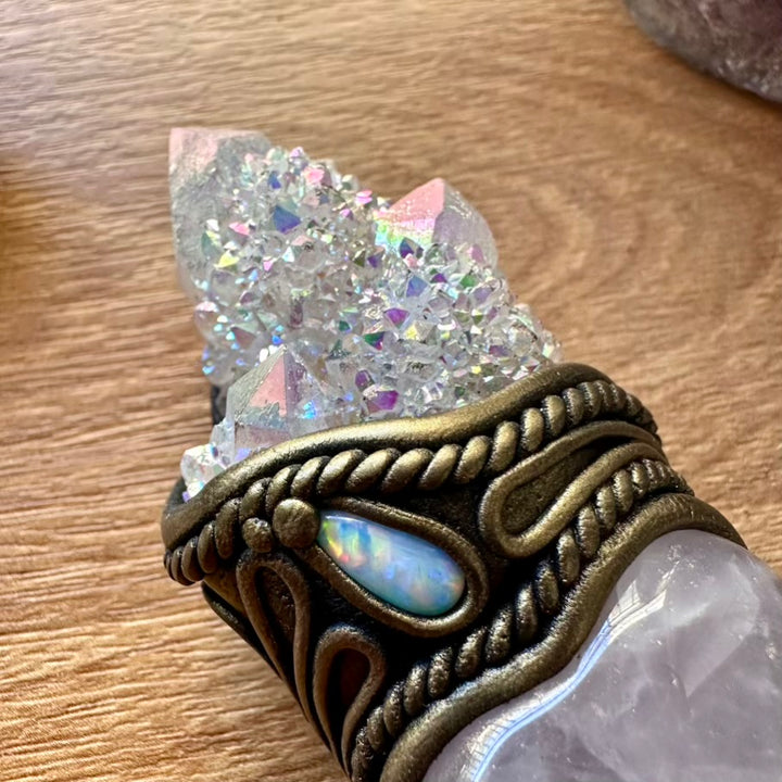 Lavender Fluorite Wand, Angel Aura Spirit Quartz, Rose Quartz Heart, Moonstone and Australian Opal Crystal Wand - FairyGardenGlow