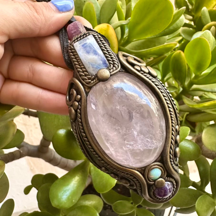 Rose Quartz Amethyst Rainbow Moonstone Ruby and Australian Opal Pendant, Healing Crystal Talisman - FairyGardenGlow