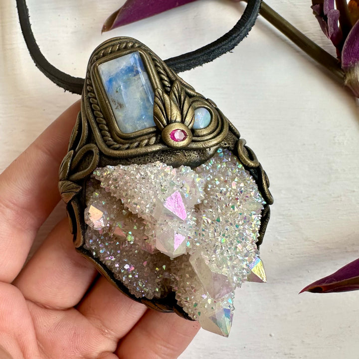 Angel Aura Spirit Quartz Rainbow Moonstone Australian Opal and Ruby Wand / Necklace - FairyGardenGlow