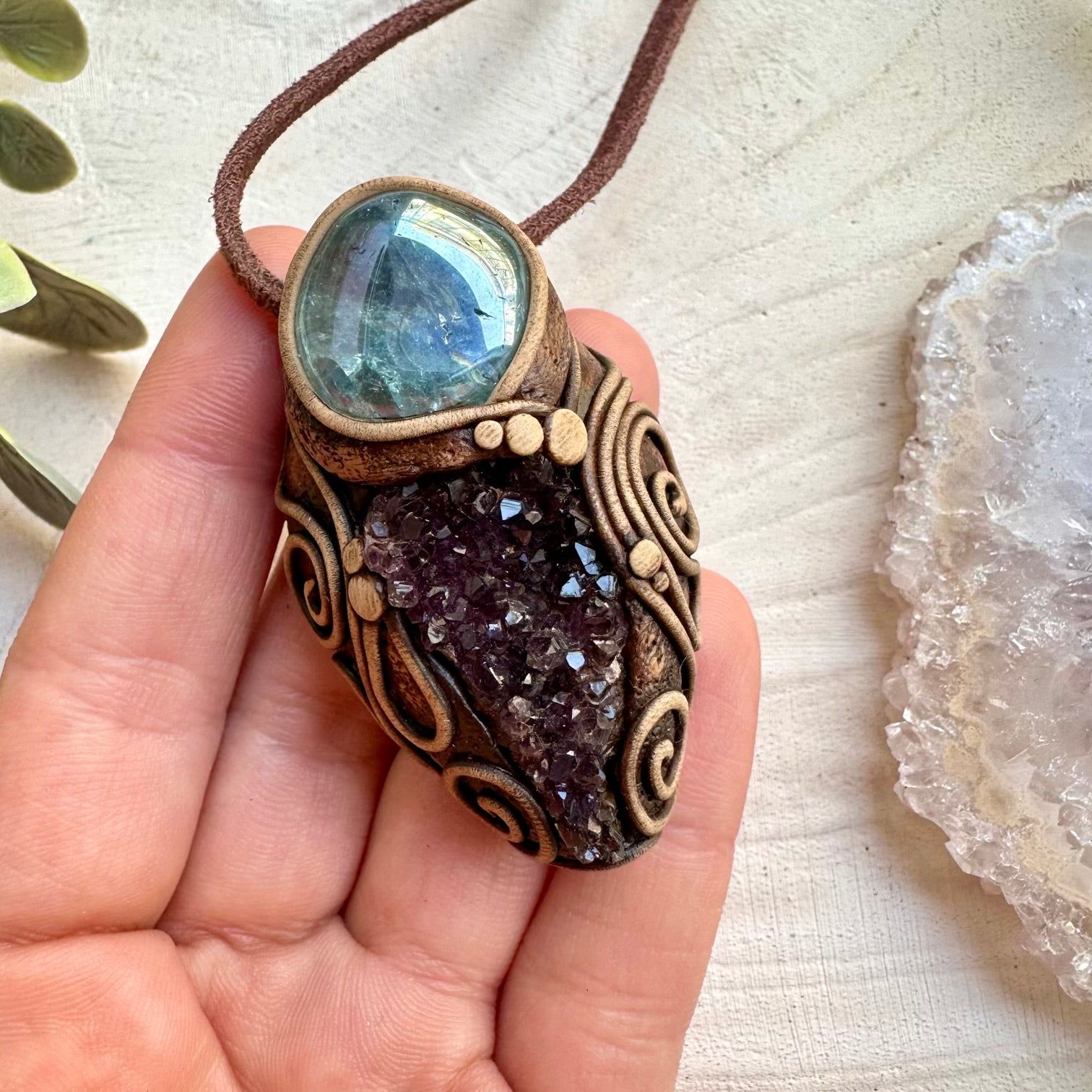 Amethyst Cluster and Aqua Aura Quartz Pendant Necklace, Spiritual Crystal Jewelry