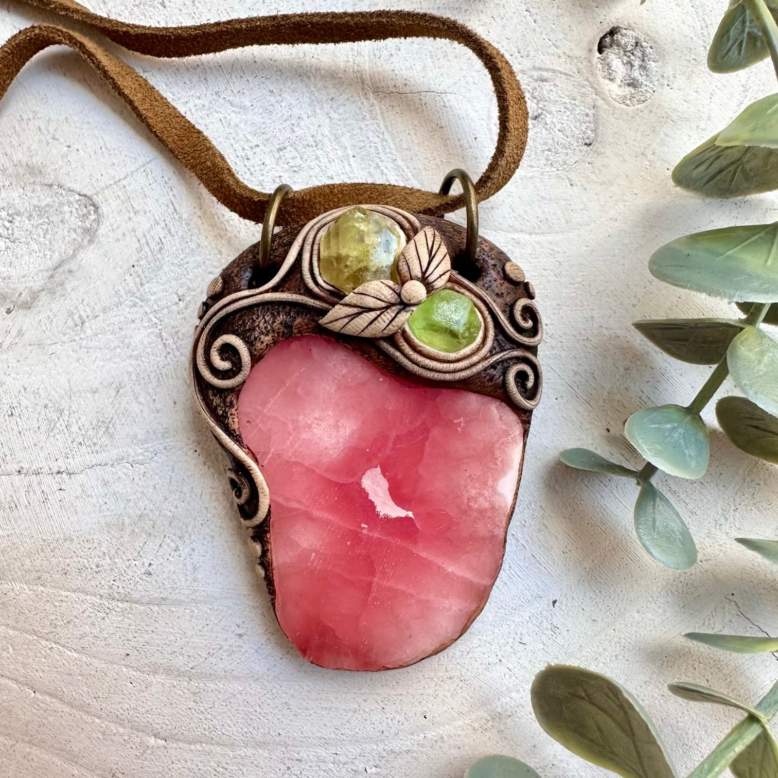 Rhodochrosite Pendant Necklace with Peridot & Brazilianite – Handmade Crystal Jewelry, Heart Healing & Abundance Stone Necklace
