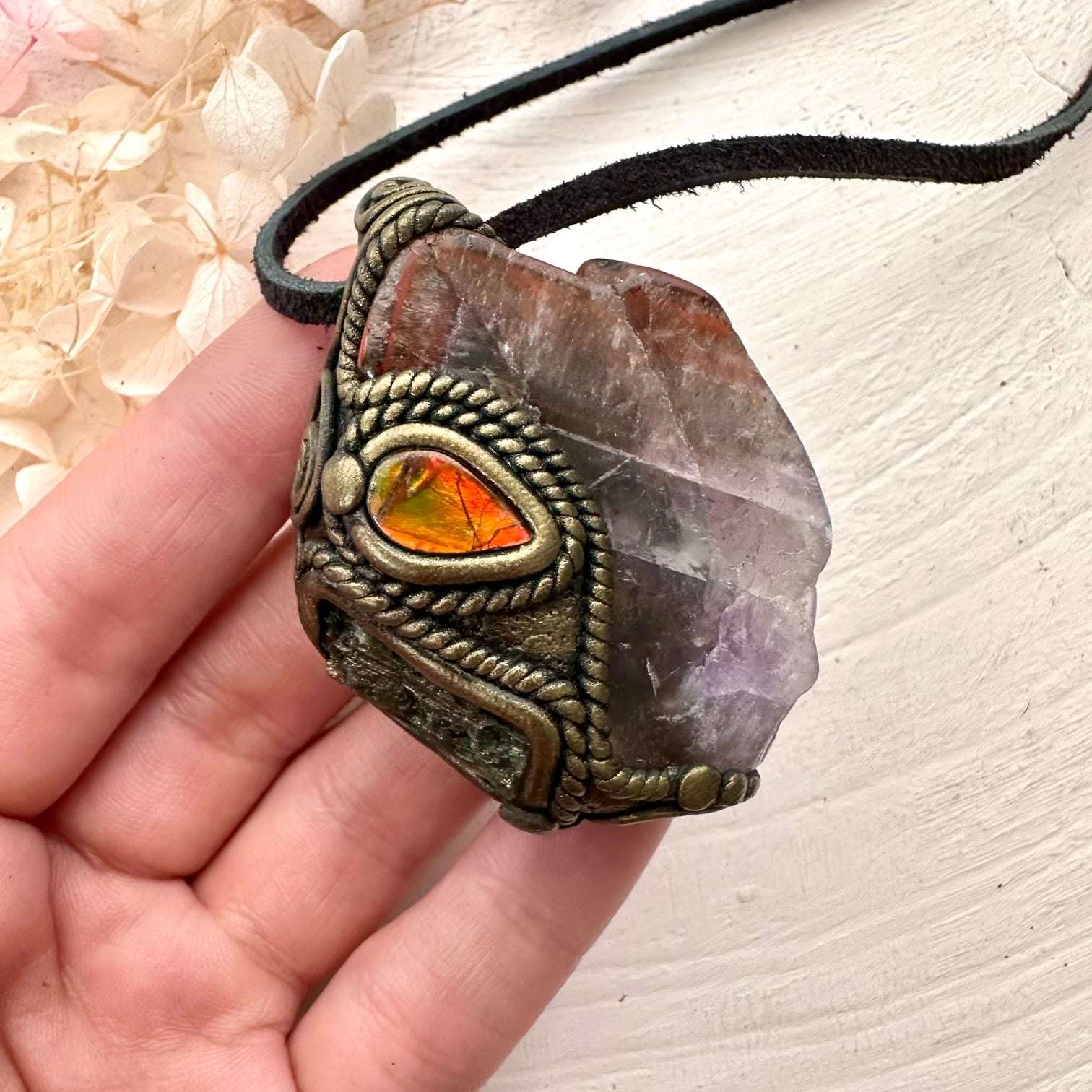 Super Seven Quartz Ammolite and Moldavite Pendant, Handmade Crystal Necklace - FairyGardenGlow