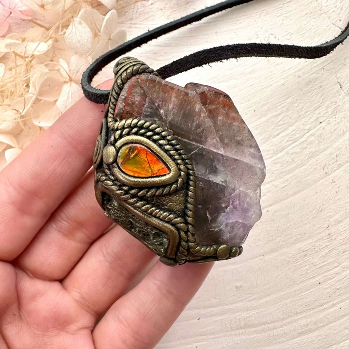 Super Seven Quartz Ammolite and Moldavite Pendant, Handmade Crystal Necklace - FairyGardenGlow