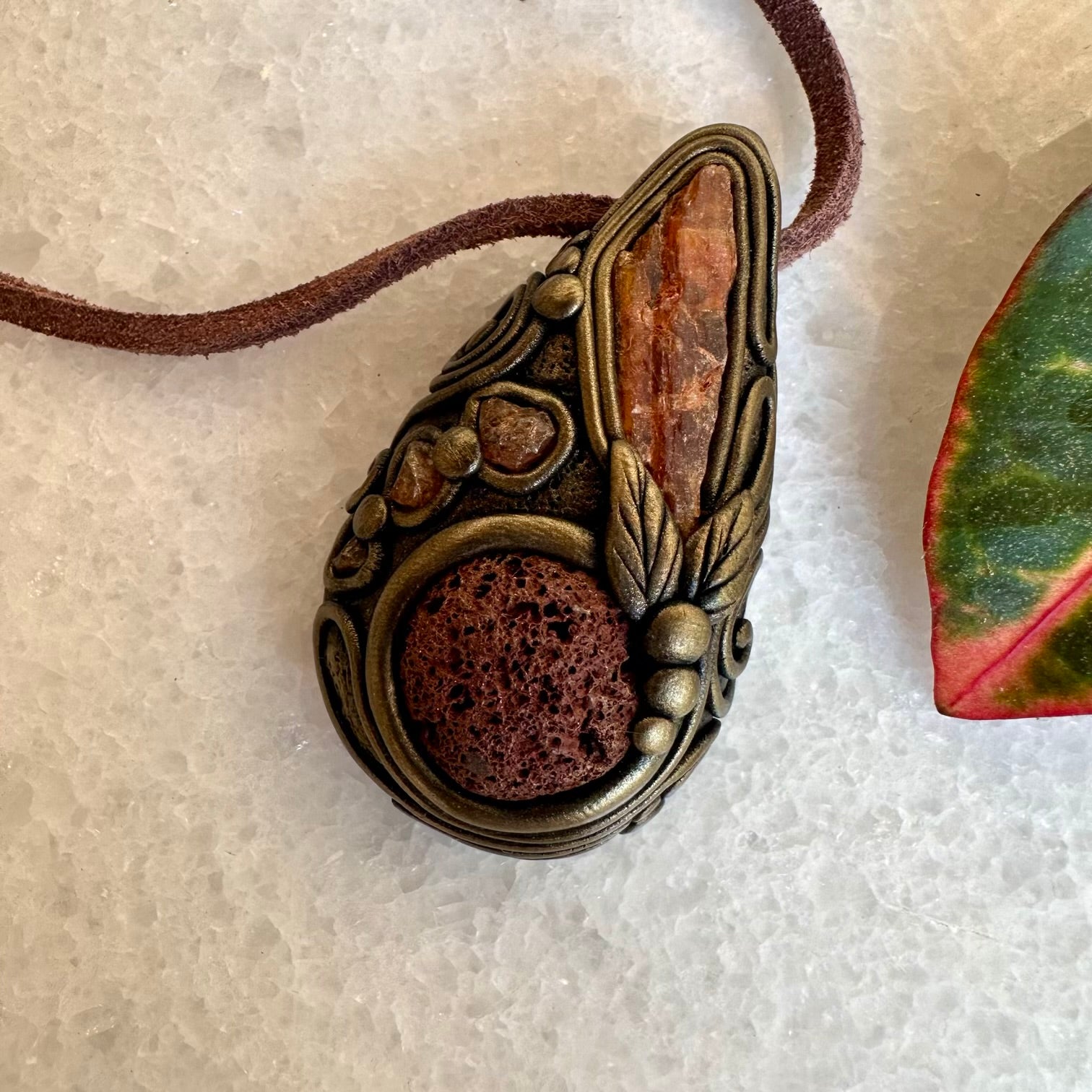 Red Lava Stone Orange Kyanite and Hessonite Garnet Necklace - FairyGardenGlow