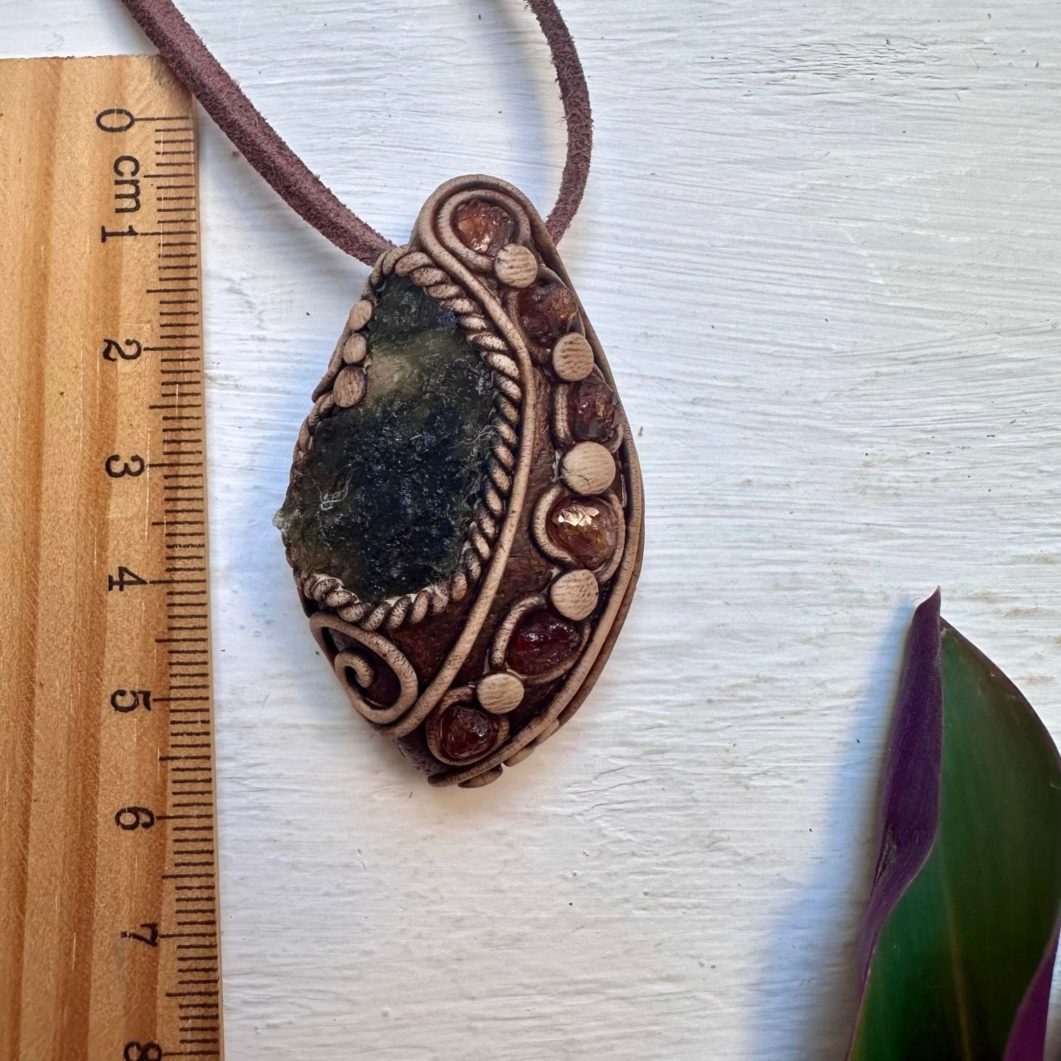 Moldavite and Hessonite Garnet Necklace, Unisex Crystal Jewelry - FairyGardenGlow
