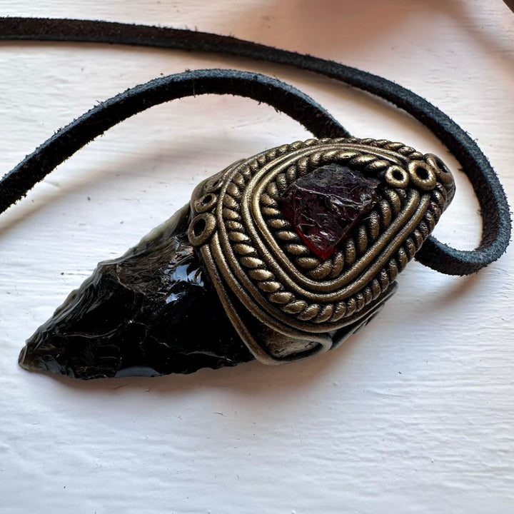Black Obsidian Arrowhead and Red Garnet Necklace - FairyGardenGlow