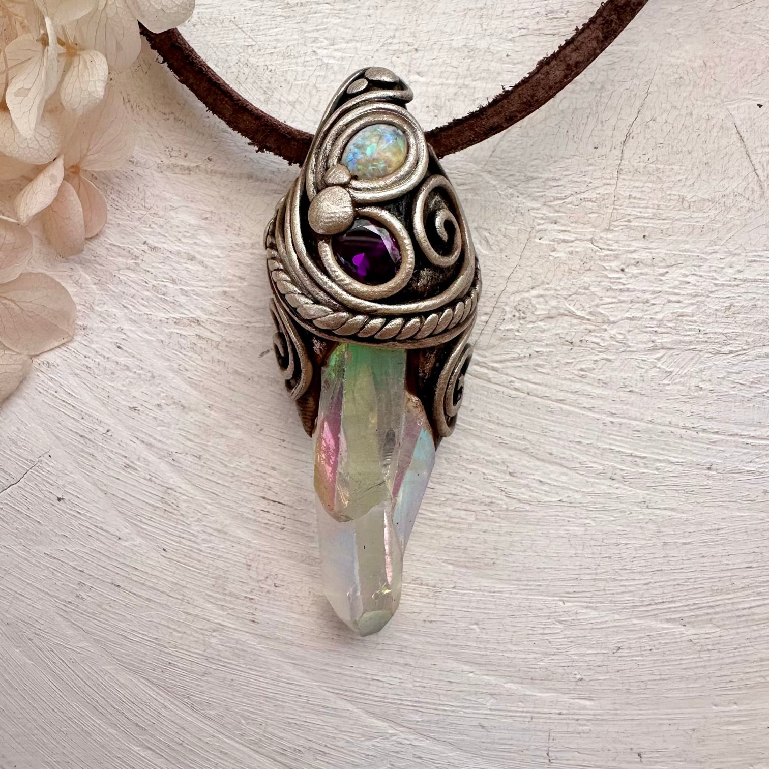 Angel Aura Quartz Cluster Amethyst and Australian Opal Necklace - FairyGardenGlow