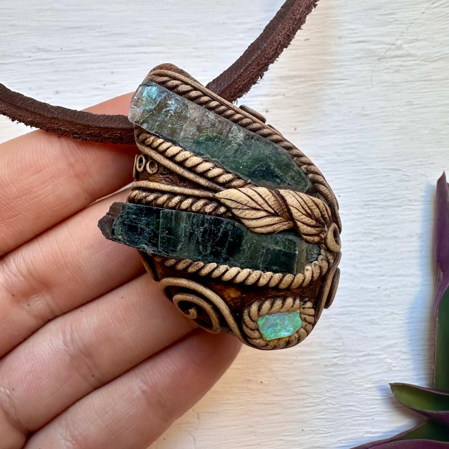 Vivianite and Australian Opal Pendant Necklace - FairyGardenGlow