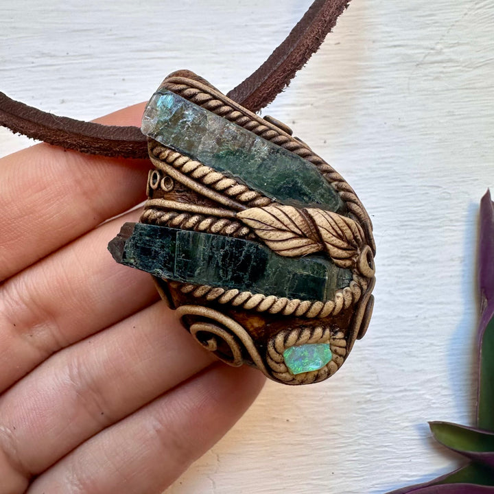 Vivianite and Australian Opal Pendant Necklace - FairyGardenGlow