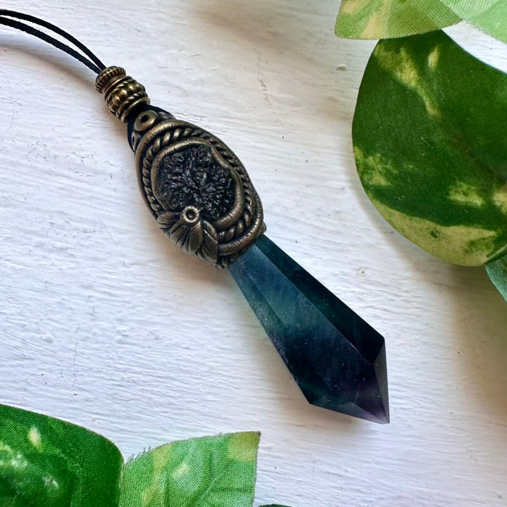 Blue Rainbow Fluorite and Moldavite Pendant Necklace - FairyGardenGlow