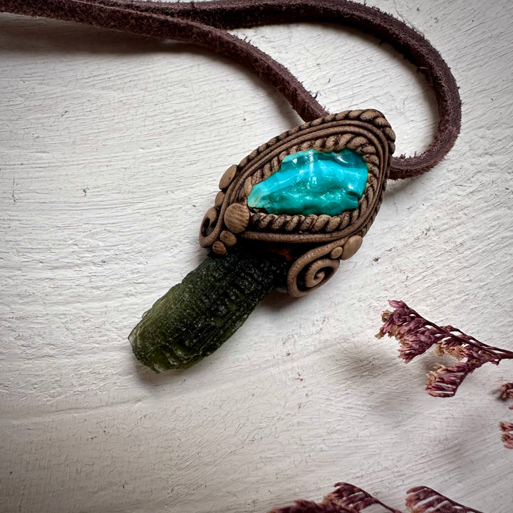 Moldavite and Raw Chrysocolla Necklace - FairyGardenGlow
