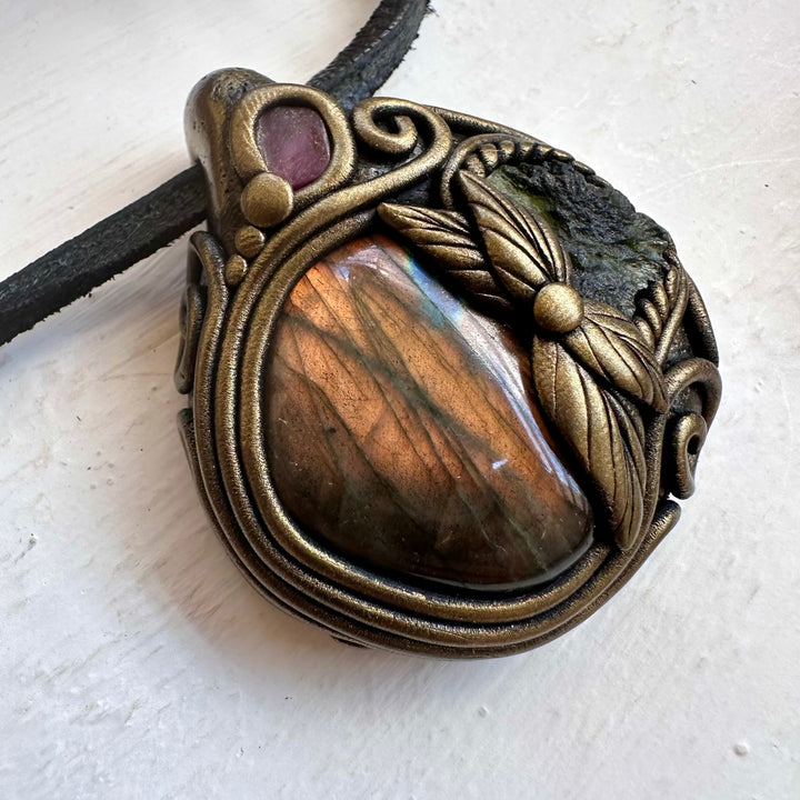 Labradorite Moldavite and Ruby Necklace - FairyGardenGlow