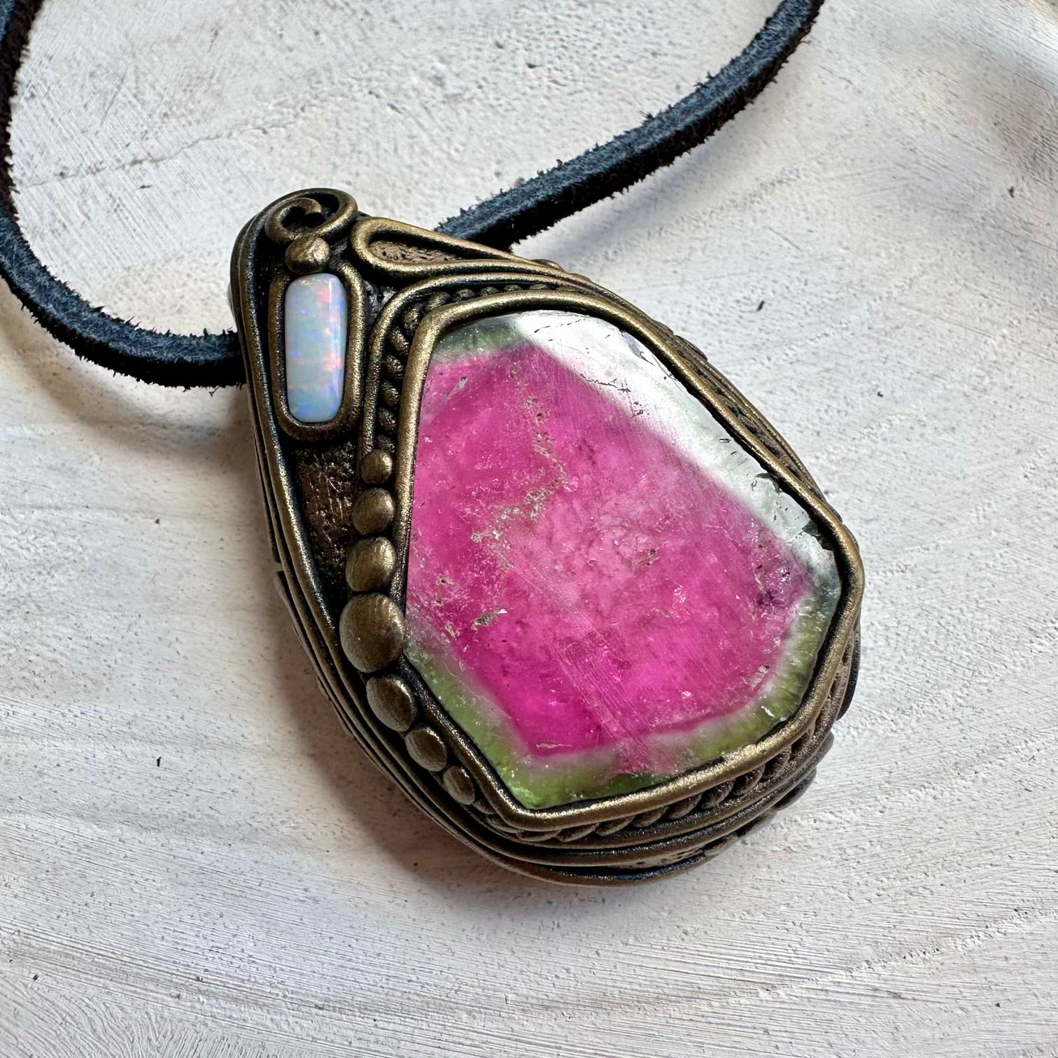 Natural gemstone necklace with watermelon tourmaline and opal