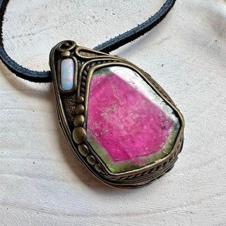 Natural gemstone necklace with watermelon tourmaline and opal
