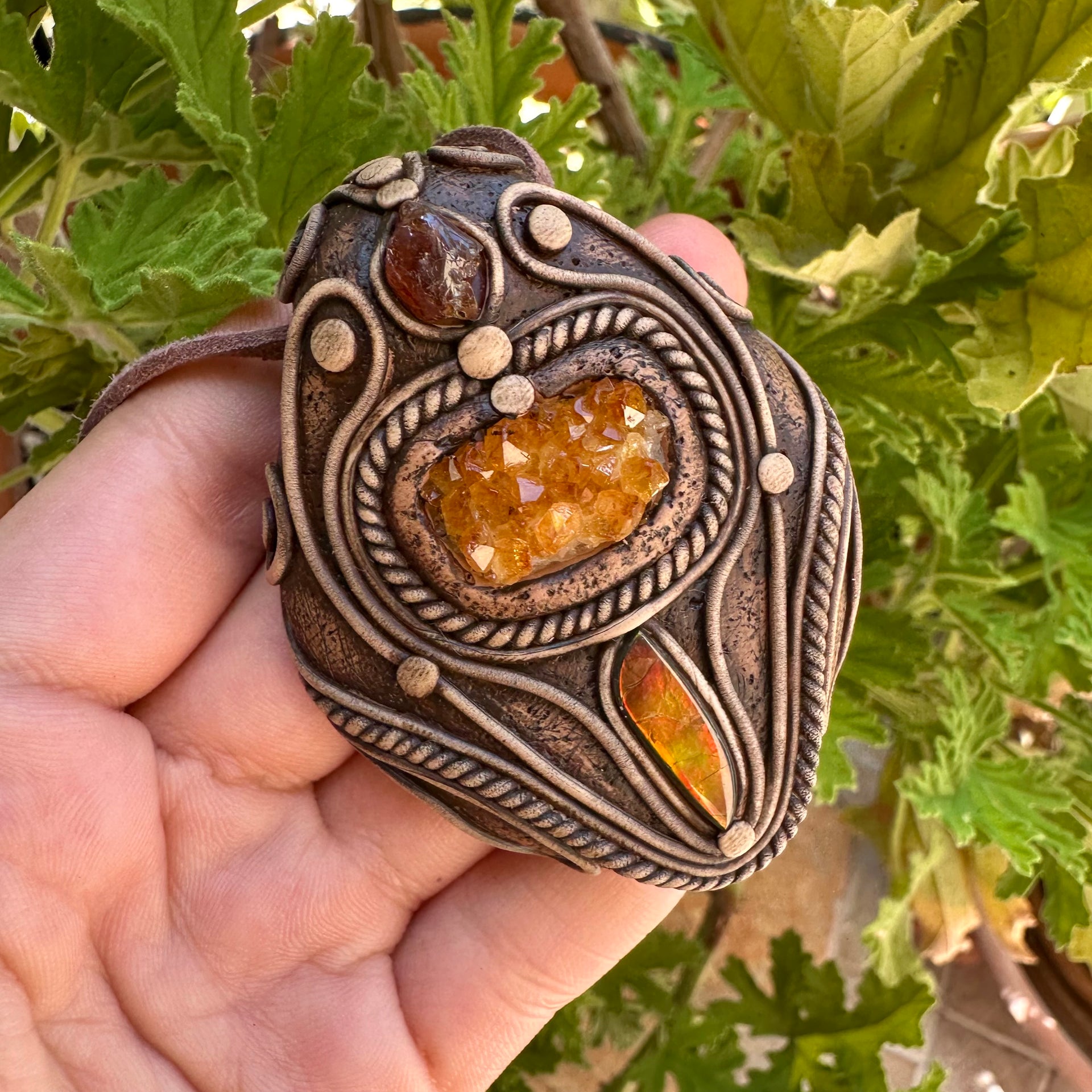 Citrine Cluster Ammolite and Hessonite Garnet Necklace - FairyGardenGlow
