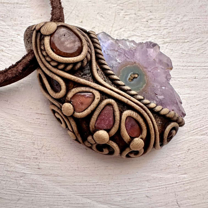 Amethyst Stalactite Sunstone and Pink Tourmaline Pendant Necklace - FairyGardenGlow