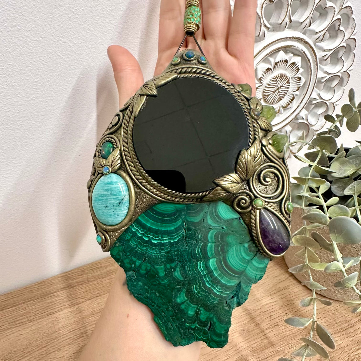 Handmade Natural Malachite Wall Hanging - Black Obsidian Mirror Crystal Home Decor - One of a kind Spiritual Art with Amazonite, Amethyst, Peridot and Black Ethiopian Opal