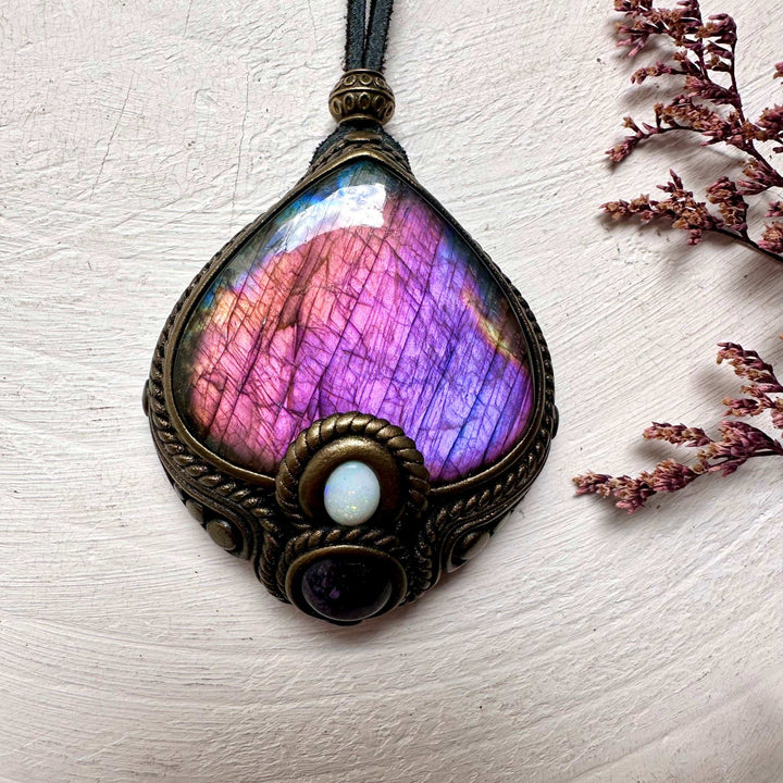 Labradorite Australian Opal and Amethyst Necklace - FairyGardenGlow