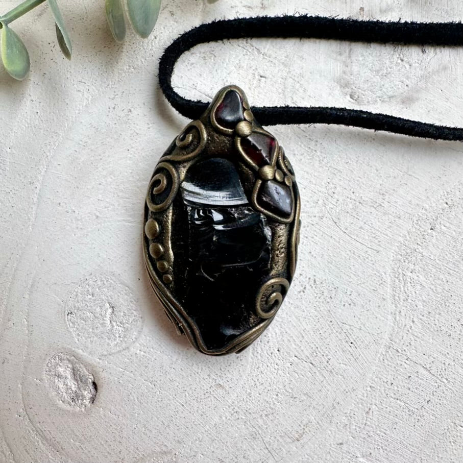 Raw Black Obsidian and Red Garnet Pendant Necklace