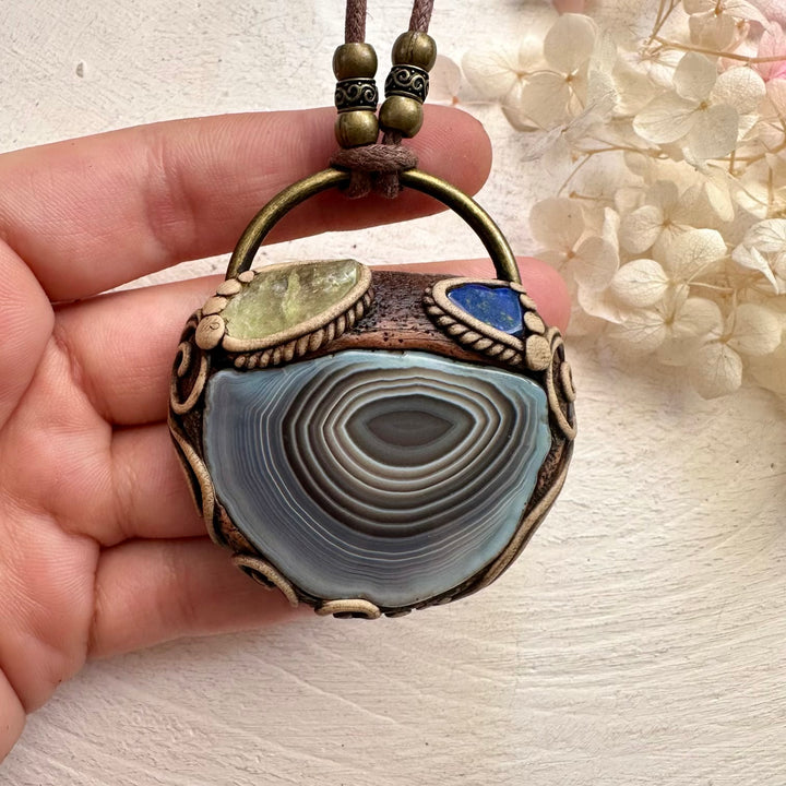 Botswana Agate Brazilianite and Lapis Lazuli Pendant Necklace - FairyGardenGlow