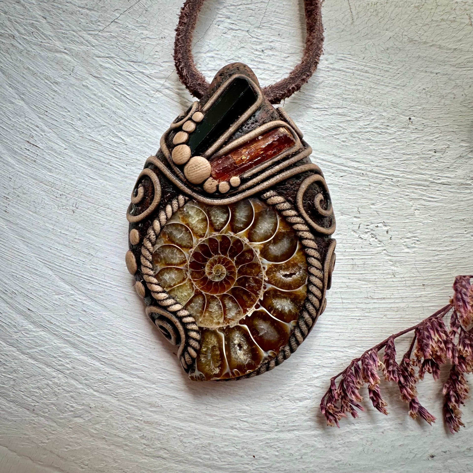 Ammonite Black Tourmaline and Imperial Topaz Pendant Necklace - FairyGardenGlow