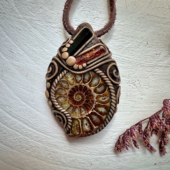 Ammonite Black Tourmaline and Imperial Topaz Pendant Necklace - FairyGardenGlow