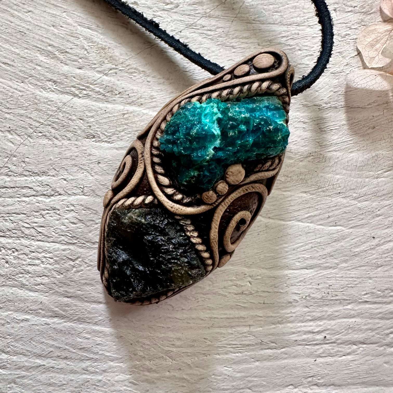 Raw Chrysocolla and Moldavite Pendant Necklace - FairyGardenGlow